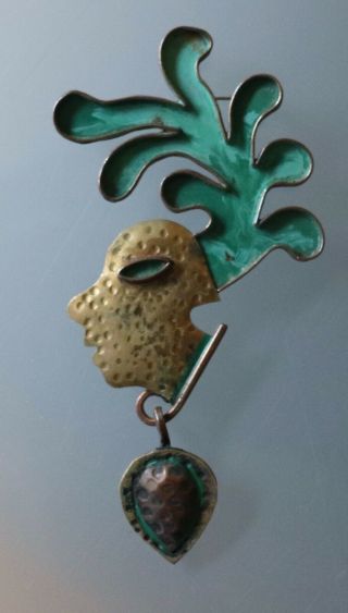 01/25 Vintage Casa Maya Mexico Brass,  Copper,  & Enamel Profile Pendant/brooch