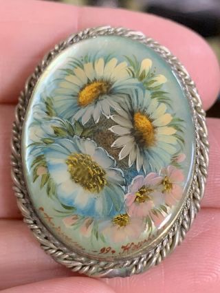Vintage Hand Painted Mother Of Pearl Brooch Pin Russian Floral Russia