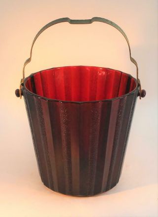 Vintage Ruby Red Ribbed Glass Ice Bucket With Metal Handle Anchor Hocking