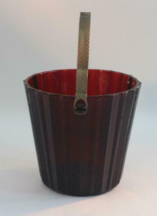 Vintage Ruby Red Ribbed Glass Ice Bucket with Metal Handle Anchor Hocking 2