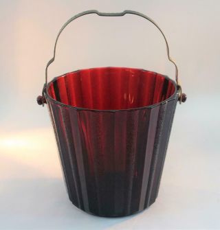 Vintage Ruby Red Ribbed Glass Ice Bucket with Metal Handle Anchor Hocking 3