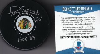 Beckett Tony Esposito " Hof 88 " Signed Chicago Blackhawks Logo Puck U55972