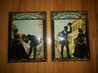 Vintage Reverse Painted Convex Glass Silhouettes Man Woman Couple