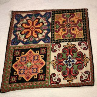 Vintage Needlepoint Finished 19 " Sq Pillow Cover Bright Medallions Needs Backing