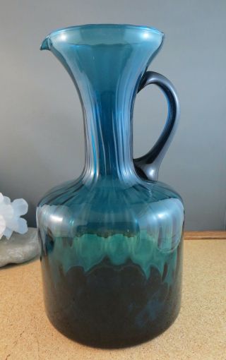 Vintage Teal Turquoise Aqua Blue Glass Water Pitcher 9 1/2 " Made In Italy