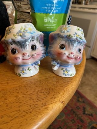 Lefton Vintage Cute Miss Priss Salt And Pepper Shaker Kittens Colorful Blues