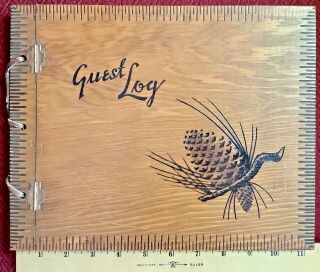 Vtg 1940s Wood Guest Log Book Hinged Leather Bindings Pine Cone Design 35 Pgs.