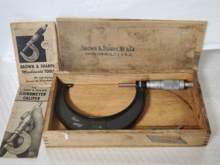 Vintage Brown & Sharpe No.  65 3 " To 4 " Micrometer,  Box,  And Papers.