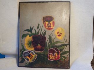 Cute Vtg 1930s Oil Painting On Wood Pansies In Garden 73/4 X 10 Inches Floral