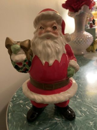 Large Vintage Kreiss Rhinestone Eye Santa Claus With Wreath Candle Holder