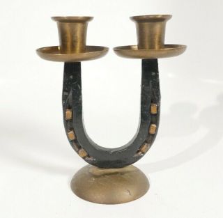 Vintage Iron And Brass Horseshoe Dual Candlestick Holder Handmade By Otto Kuhler
