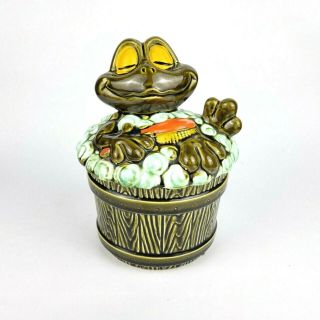 Vintage Ceramic Frog Bubble Bath In A Barrel Cookie Jar Canister Japan