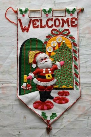 Vtg Bucilla Christmas Felt Applique Jeweled Door Hanger Chime Welcome Complete