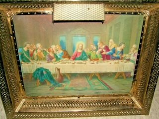 Vintage Last Supper Picture Lighted Gold Filigree Frame Brass 21 " X 17.  5 " X 2 "
