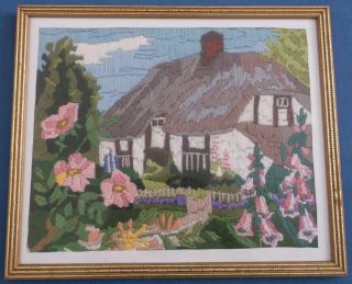 Vintage Hand Embroidered Picture Panel English Country Cottage & Gardens