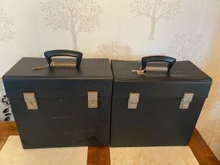 2 Vintage Vinyl Lp Record Storage Box Carry Cases - Black,  Both With Keys