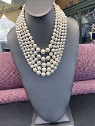 Vintage 5 Strand 1950’s Pearl Beaded White￼ Graduated Statement Necklace Japan
