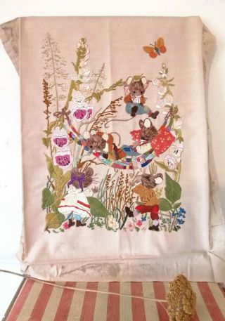 Vintage Hand Embroidered Picture Panel - Garden Mice Flowers Stunning Embroidery