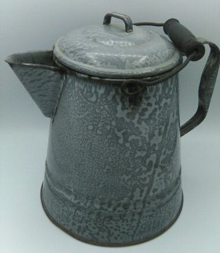 Vintage Large Mottled Gray Enamel Ware Graniteware Cowboy Coffee Pot Kettle 10 "