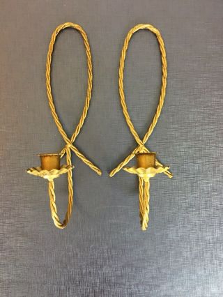 Vintage Brass Candle Holders Pair Wall Sconces - Rope Design 12 " Ornate