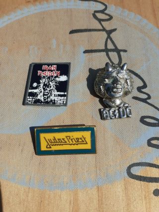 Vintage Ac.  Iron Maiden,  Ac/dc,  Judas Priest Pin Badges,  4 Heavy Metal Bands.