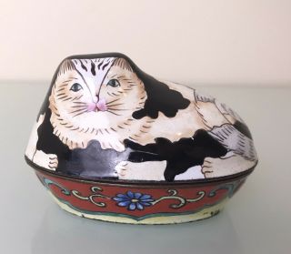 Vintage Chinese Small CloisonnÉ Enamel Fat Cat Trinket Box Cute Oriental Cat