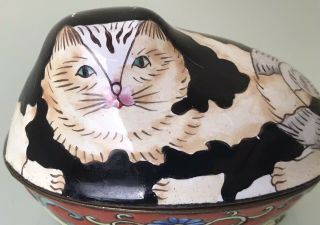 VINTAGE CHINESE SMALL CLOISONNÉ ENAMEL FAT CAT TRINKET BOX CUTE ORIENTAL CAT 3
