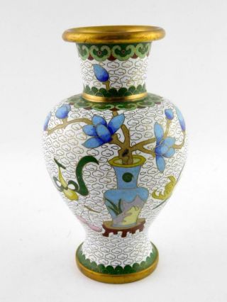 Vintage Chinese Cloisonne Vase White Clouds Pattern Enamel On Brass V Good Cond