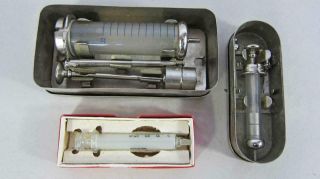 3 Vintage Medical Syringes In Metal Cases & Box Antique Doctor Instrument