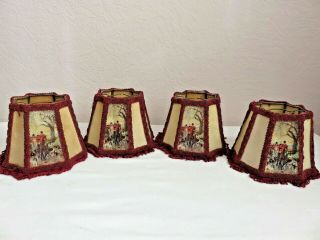 A Set Of 4 Burgundy And Cream Vintage Lamp Shades With A Hunting Scene