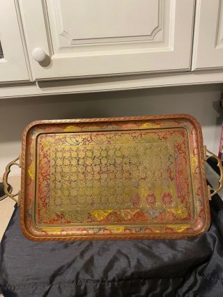 Large Old Vintage Old Brass Tray Decorative Painted