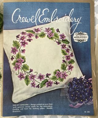 Vintage Elsa Williams Violet Wreath Crewel Embroidery Picture Pillow Kit KC305 3