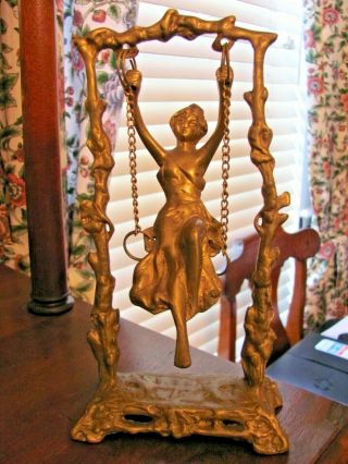 Vintage Brass Nouveau Style Lady Or Girl On Swing Figurine