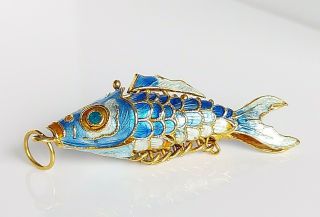 Large Vintage Chinese Silver Gilt & Enamel Fish Pendant Necklace 6g
