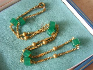 1930s Art Deco Czech Green Glass Cube Necklace On Ornate Gilt Chain Green Agate