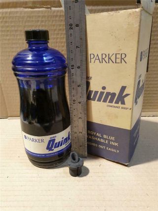 Vintage Almost Full 20 Fl Oz Boxed Glass Bottle Parker Royal Blue Quink Ink