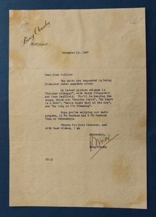Vintage Bing Crosby Hand Signed Letter November 1947
