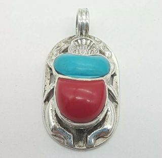 Vtg Sterling Silver Egyptian Revival Scarab Beetle Pendant - 26mm Turqouise -