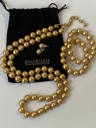 Vintage Joan Rivers Gold Faux Pearl Necklace Bracelet & Earring Set With Pouch