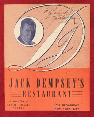 Vintage 1957 Signed Boxer Jack Dempsey Restaurant Menu Boxing Autograph Old