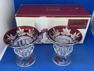Vtg 2 Mikasa Celebrations Ruby Cut To Clear Candleholders 4.  25” Pristine