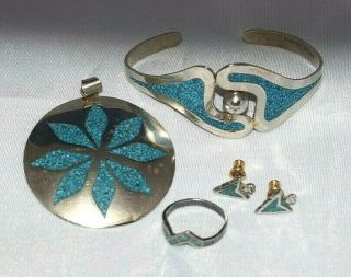 Vintage Bracelet & Medallion,  Alpaca Silver & Turquoise,  Silver Ring,  Mexico