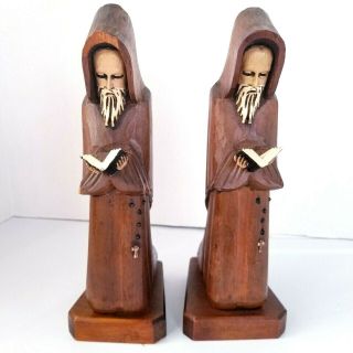 Monk Friar Priest Rosary Wood Bookend Figurine Statue Bible Hand Carved Vintage