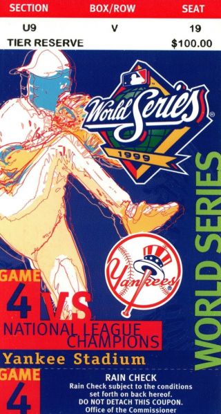 1999 World Series Game 4 Ticket Stub Yankees 4 Braves 1 Yankees Clincher 155160