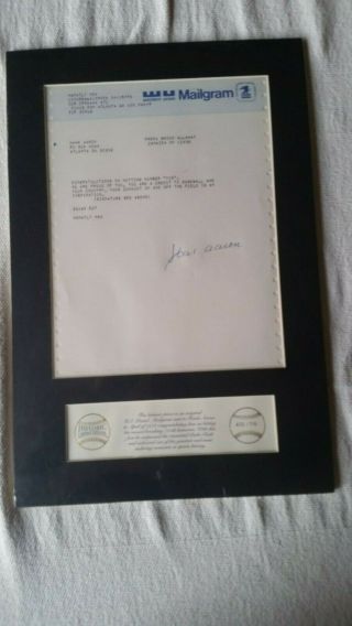 1974 Western U Mailgram Congrats On Hank Aaron Hr 715 Signed