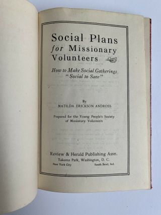 Social Plans for Missionary Volunteers Matilda Erickson Andross R&H SDA Book 3