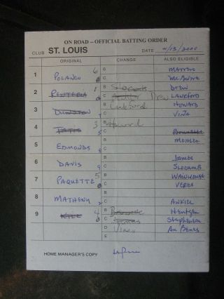 4/13/2000 Tony Larussa Signed St Louis Cardinals Game Lineup Umpire Card 075