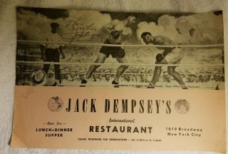 Vintage Jack Dempsey Hand Signed Menu