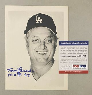 Tom Lasorda " Hof 1997 " Signed 5x7 Photo Autographed Psa/dna Dodgers