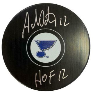 Adam Oates St Louis Blues Autographed Logo Puck W/ " Hof 12 " Inscription -